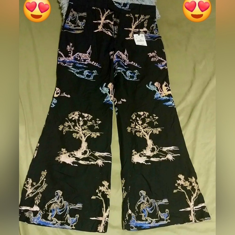 ZARA EMBRODERY HAND STICHED LINEN LADIES PANTS - L ( Fits M )